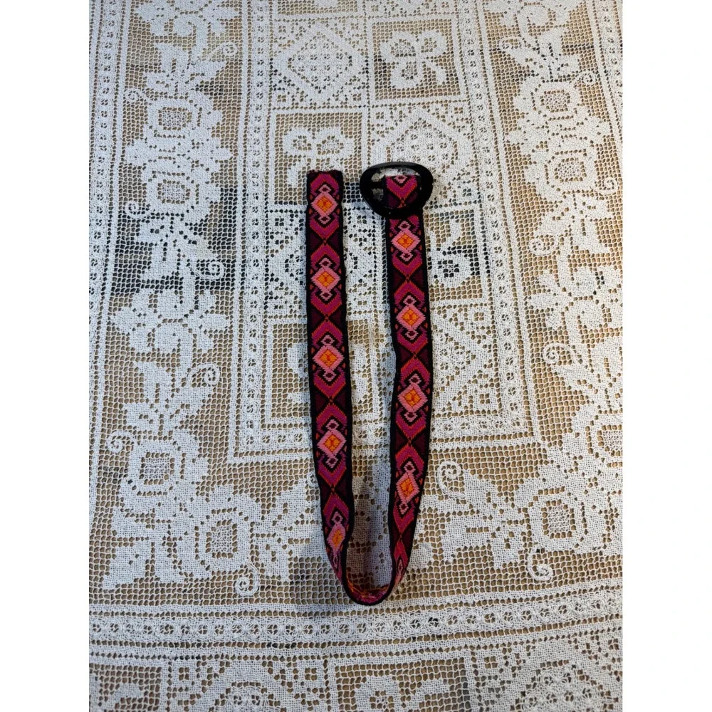 Vtg Woven Geometric Diamond Belt Pink Orange Boho Textile Black Round Buckle 33